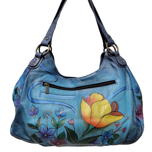 Anuschka Large Butterfly & Flowers Hand Painted Genuine Leather Shoulder Bag - Picture 6 of 14